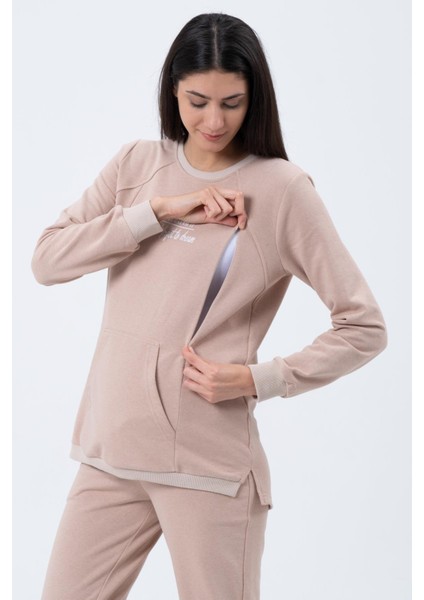 Hamile Emzirme Detaylı Üç Iplik Eşofman Takımı Bej modelleri