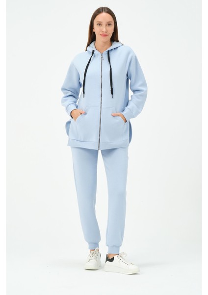 Hamile Termal Fermuarlı Kapüşonlu Eşofman Takım Mavi