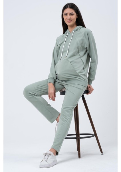 Hamile Emzirme Detaylı Esnek Karın Bantlı Beli Ayarlı Iki Iplik Eşofman Takım Çağla