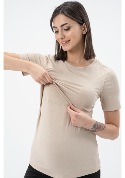 Hamile Emzirme Detaylı Kısa Kollu T-Shirt Bej modelleri