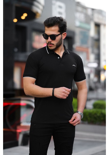 Erkek Siyah Pamuk Serin Tutan Dar Kesim Polo Yaka T-Shirt