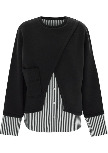 Poplin Garnili Oversize Sweatshirt-Siyah
