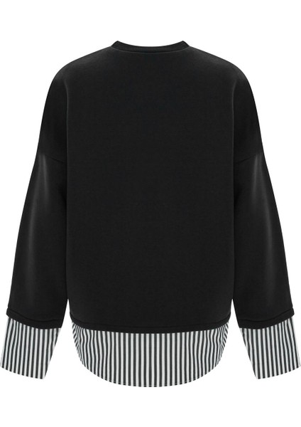Poplin Garnili Oversize Sweatshirt-Siyah