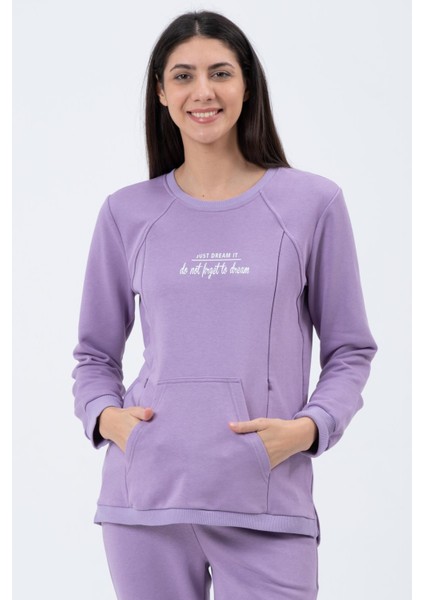 Hamile Emzirme Detaylı Üç Iplik Eşofman Takımı Lila