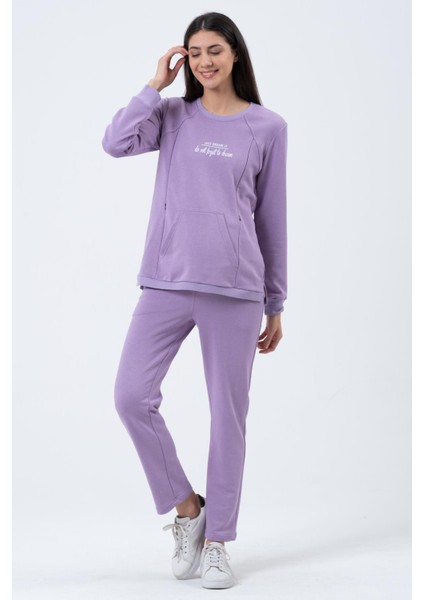 Hamile Emzirme Detaylı Üç Iplik Eşofman Takımı Lila fiyatları