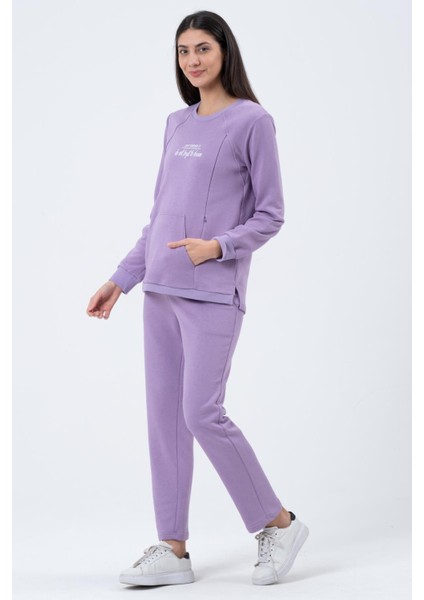 Hamile Emzirme Detaylı Üç Iplik Eşofman Takımı Lila modelleri