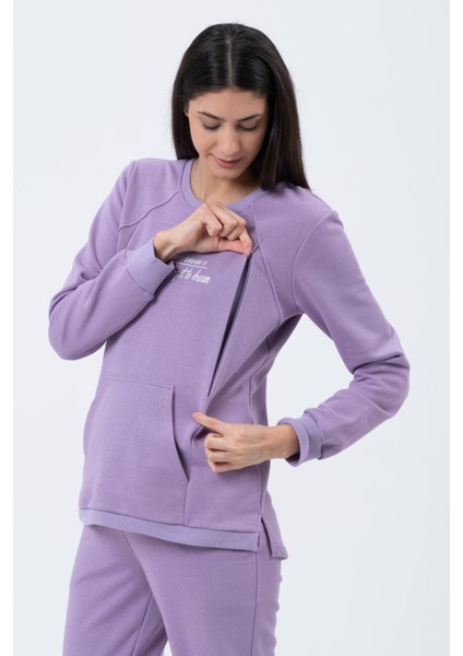 Hamile Emzirme Detaylı Üç Iplik Eşofman Takımı Lila fırsatları