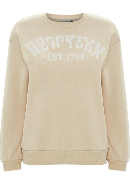 Baskılı Düz Renk Sweatshirt - Bej