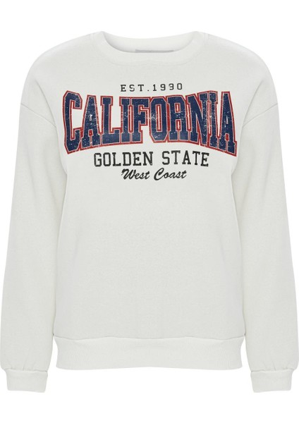 Baskılı Düz Renk Sweatshirt -Beyaz