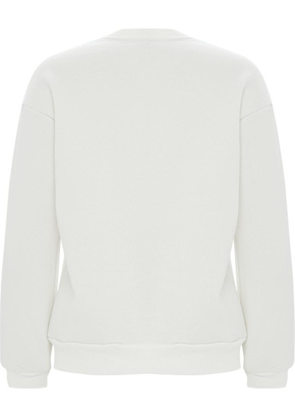 Baskılı Düz Renk Sweatshirt -Beyaz