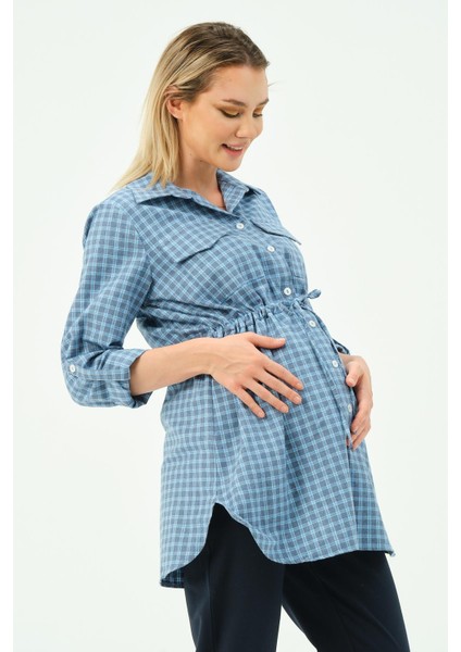 Hamile Önden Düğmeli ve Cepli Uzun Kollu Ekose Gömlek Mavi fiyatları