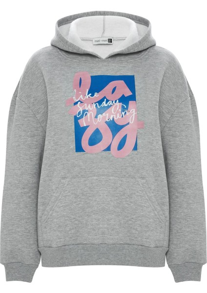 Baskılı Düz Renk Sweatshirt -Gri