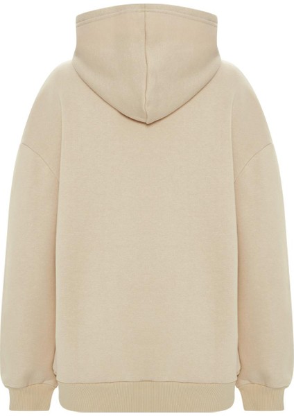 Baskılı Düz Renk Sweatshirt -Bej
