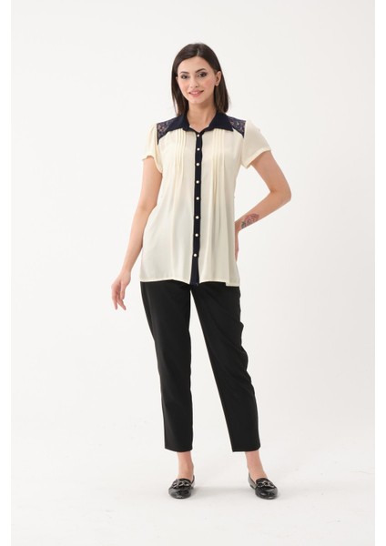 Hamile Şifon Kısa Kollu Dantel Detaylı Gömlek Sarı