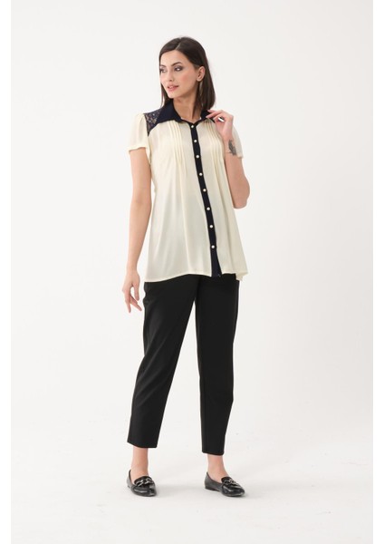 Hamile Şifon Kısa Kollu Dantel Detaylı Gömlek Sarı fiyatları