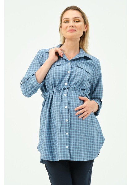 Hamile Önden Düğmeli ve Cepli Uzun Kollu Ekose Gömlek Mavi modelleri