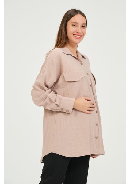 Hamile Önden Cepli Düğmeli Gömlek Vizon fiyatları
