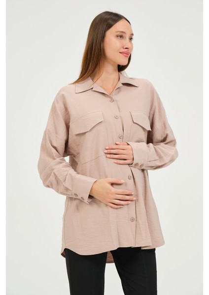 Hamile Önden Cepli Düğmeli Gömlek Vizon modelleri