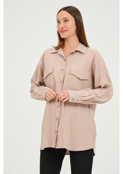 Hamile Önden Cepli Düğmeli Gömlek Vizon fırsatları