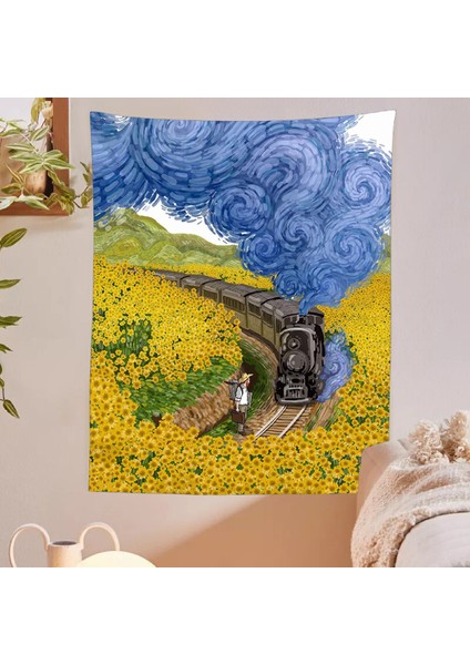 Van Gogh Ayçiçeği Tren Tarla Bulutlar Manzara Duvar Örtüsü Duavar Sanatı Dekorasyonu Ünlü Tablo