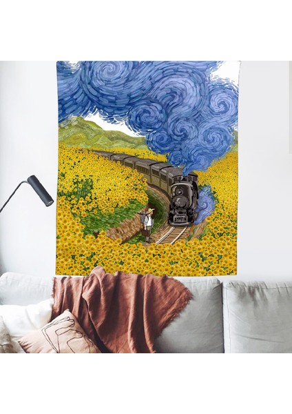 Van Gogh Ayçiçeği Tren Tarla Bulutlar Manzara Duvar Örtüsü Duavar Sanatı Dekorasyonu Ünlü Tablo