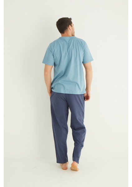 Erkek Mavi Bisiklet Yaka Kısa Kol Yuvarlak Yaka Cepli Yazlık Pamuklu Pijama Takımı