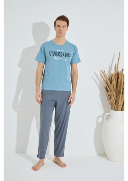 Erkek Mavi Bisiklet Yaka Kısa Kol Yuvarlak Yaka Cepli Yazlık Pamuklu Pijama Takımı