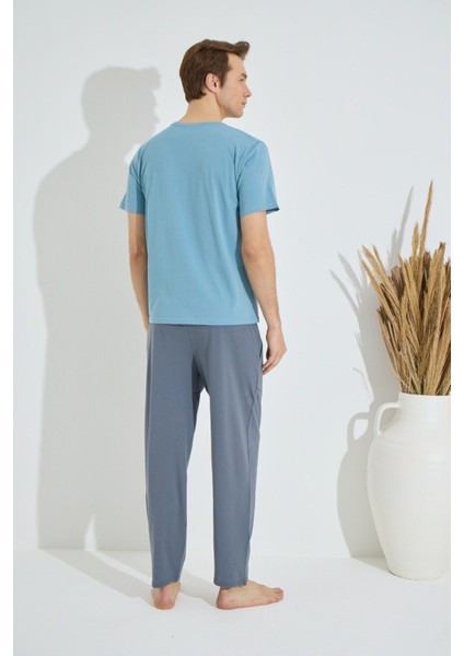 Erkek Mavi Bisiklet Yaka Kısa Kol Yuvarlak Yaka Cepli Yazlık Pamuklu Pijama Takımı fiyatları