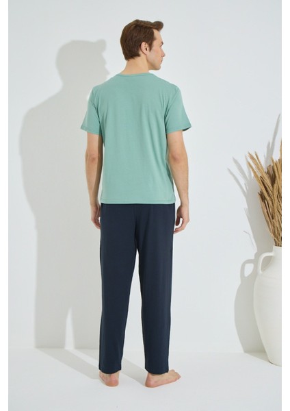 Erkek Yeşil Bisiklet Yaka Kısa Kol Yuvarlak Yaka Cepli Yazlık Pamuklu Pijama Takımı fiyatları