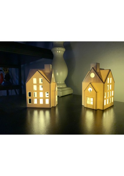 Root Made Kış Evleri 2'li Set Dekoratif Noel Evleri  Tealight Mumluk