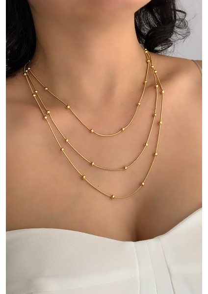 Yleaf Çelik 3 Lü Topçuk Zincir Çelik Kolye Vip Kararmaz Kadın Kolye Gold