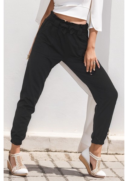 Bel Büzgülü Eşofman Altı Siyah