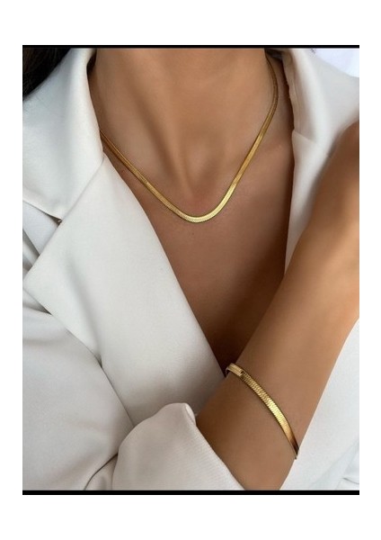 Yleaf Kadın Yüksek Kalite Klasik Italyan Kolye-Bileklik Set Gold Zincir Ezme Zincir Bileklik Kolye Set