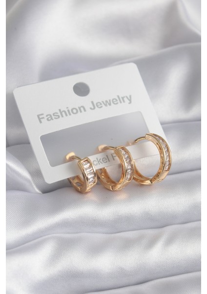 Pirinç Gold Renk Zirkon Taşlı Halka Model Kadın Küpe