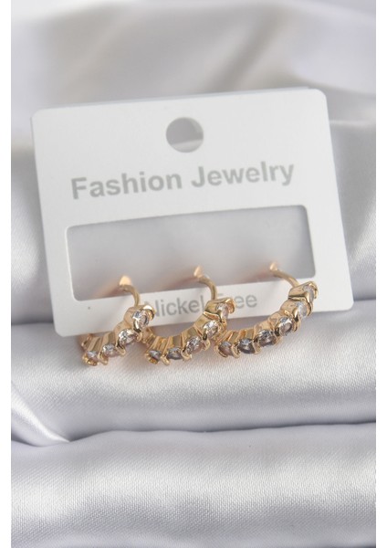 Pirinç Gold Renk Zirkon Taşlı Kadın Küpe