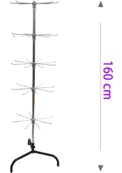 Gri Dekor 5 Katlı, 8 Kancalı Metalik Bijuteri Standı, Aksesuar Standı, Tesbihlik, Anahtarlık, Çok Amaçlı Stant