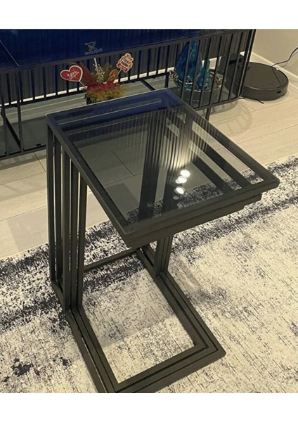 Sehpa 3'lü Füme Camlı Çok Amaçlı Metal Güvenilir Füme Camlı C Sehpa Siyah Füme Camlı