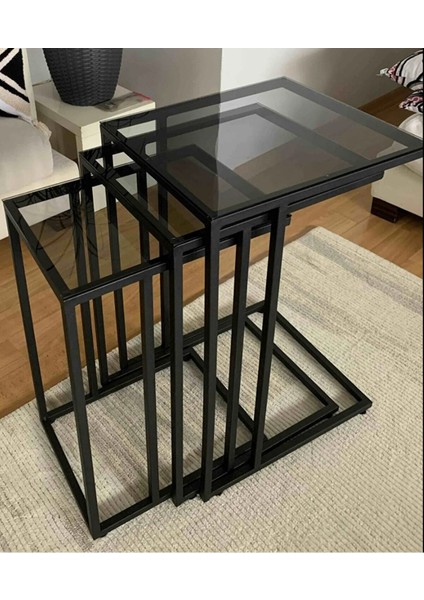 Sehpa 3'lü Füme Camlı Çok Amaçlı Metal Güvenilir Füme Camlı C Sehpa Siyah Füme Camlı fiyatları