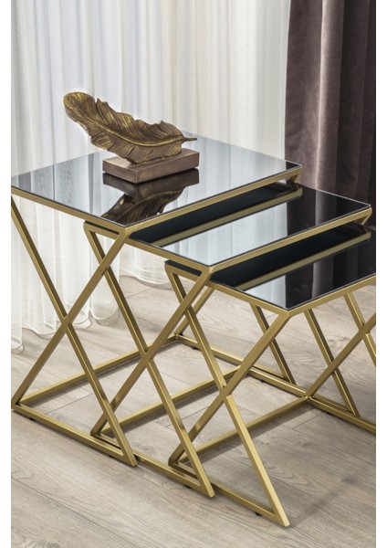 Venedik Gold Metal Ayaklı, Füme Cam Zigon Sehpa