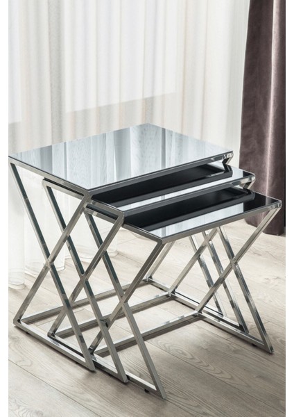 Venedik Krom Metal Ayaklı,füme Cam Zigon Sehpa