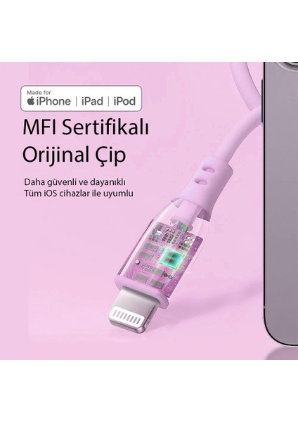 Usb-C To Mfı Lightning iPhone Silikon Pd Hızlı Şarj Kablosu Pembe