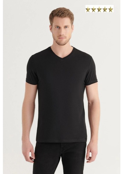 3A Moda Beyaz Basic Pamuklu V Yaka Kısa Kollu T-Shirt