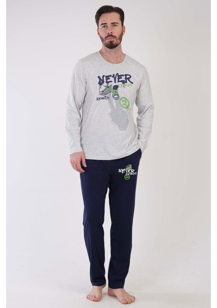 Man erkek Gri Melanj Uzun Kollu Pijama Takımı