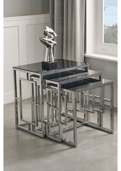 Nova Gümüş Metal Ayak Füme Cam Zigon Sehpa