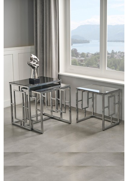 Nova Gümüş Metal Ayak Füme Cam Zigon Sehpa modelleri