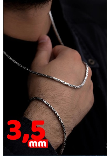 Erkek Gümüş Kolye Bileklik Set - 3.5mm 925 Ayar Gümüş Kare Kral Model Set