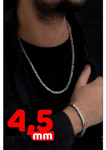 Erkek Gümüş Kolye Bileklik Set - 4.5mm 925 Ayar Gümüş Kare Kral Model Set