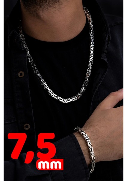 Erkek Gümüş Kolye Bileklik Set - 7.5mm 925 Ayar Gümüş Kare Kral Model Set