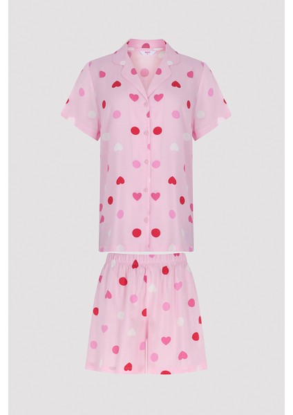 Base Cute Hearts Pembe Gömlek Şort Pijama Takımı