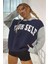 Your Self Oversize Kadın Baskılı Lacivert Kapüşonlu Sweatshirt 1
